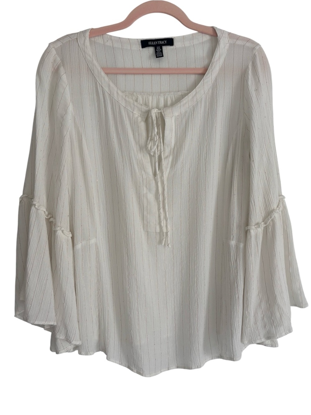 Ellen Tracy Ivory Tie-Front Bell Sleeve Boho Tunic